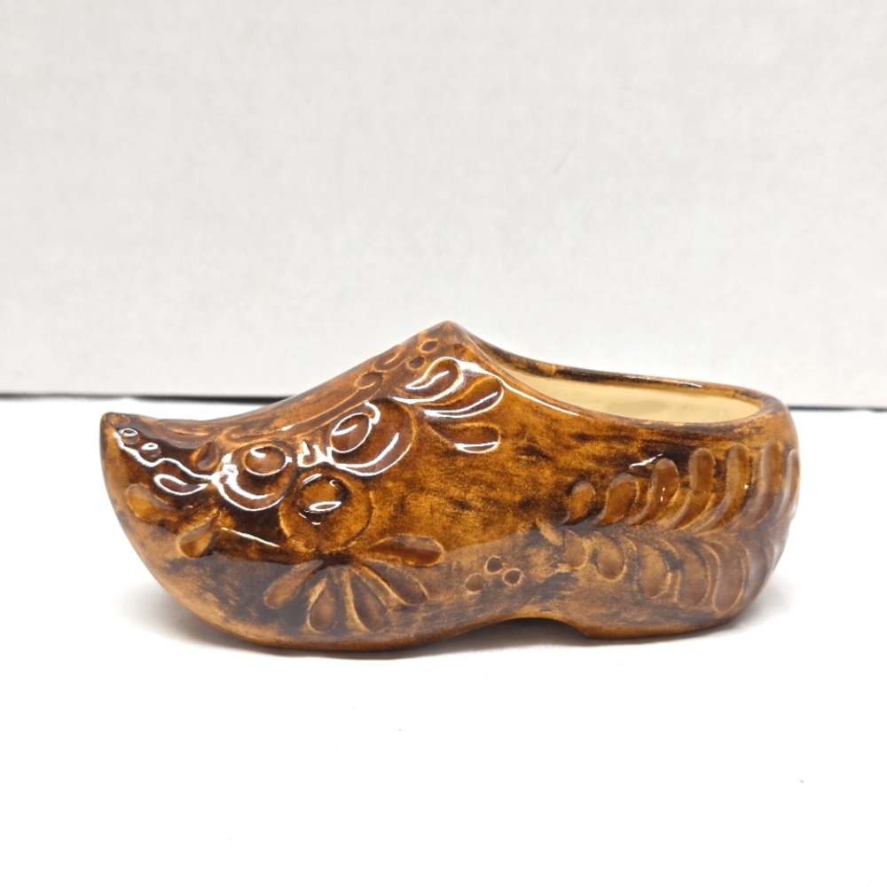 vintage ceramic Clog planter with glossy brown glaze